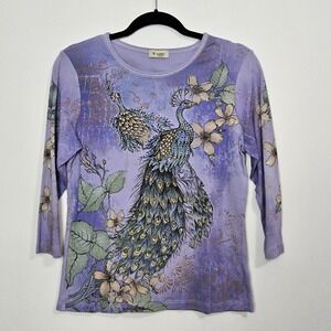 Cactus Blouse Shirt Womens Sz M Peacock Bird Cotton Embellished 3/4 Sleeve USA